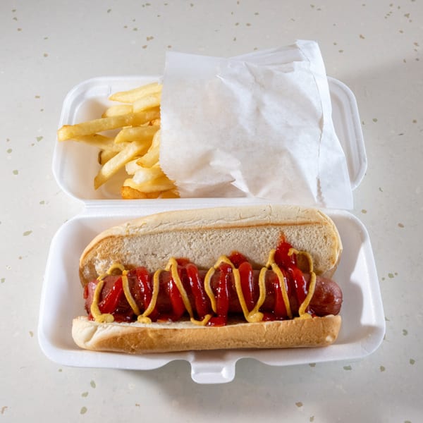 Hot dog with ketchup and mustard, alongside french fries in a white takeout container.